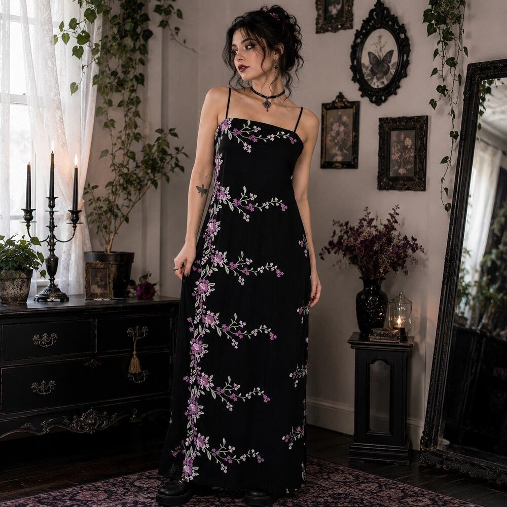 Y2K Embroidered Floral Maxi Slip Dress Sz S Whimsigoth Romantic Fairy Grunge